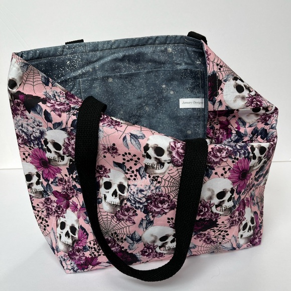 Handmade Floral Skull Tote Bag - Pink and Black - Picture 4 of 9